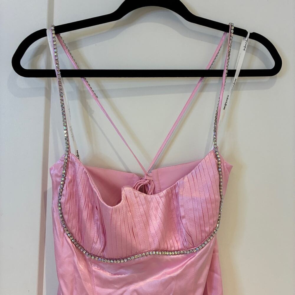 NWT For Love & Lemons Pink Satin Rhinestone Trim Elora Mini Dress Lg MSRP $239 - Picture 4 of 12